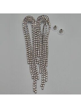 Bridal Long Crystal Rhinestone Fringe Earrings  925 Sterling Silver Posts 4.5"